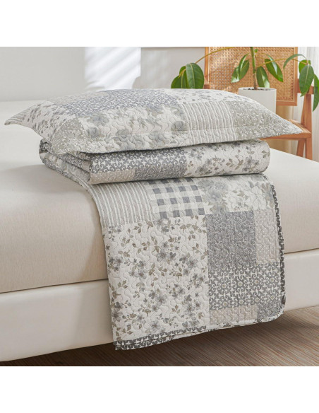 Colcha King Green Essen Cuadros Florales Gris y Blanco 3 Piezas