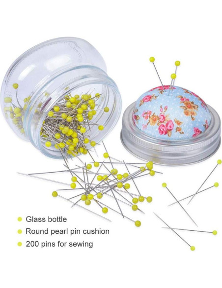 Alfileres de Costura eZAKKA con Almohadilla y Frasco de Vidrio 200 Piezas