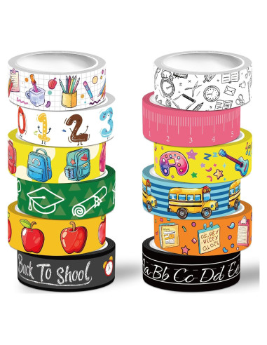 12 Rollos de Cinta Washi Escolar NIKOMIE 15mm x 3m Colorida