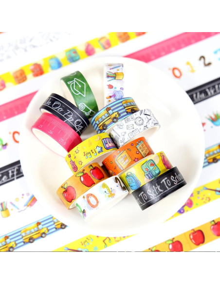 12 Rollos de Cinta Washi Escolar NIKOMIE 15mm x 3m Colorida