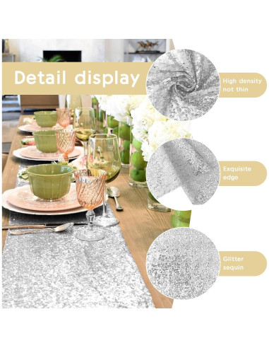 Caminos de Mesa de Lentejuelas Plateados Yblut 2 Piezas 30.48x182.88cm