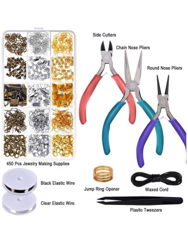Kit de Reparación de Joyería Anezus con 3 Pinzas y 450 Piezas