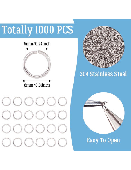 Anillas Abiertas de Acero Inoxidable Craftdady 1000 Pcs 8mm Anillas Abiertas de Acero Inoxidable Craftdady 1000 Pcs 8mm