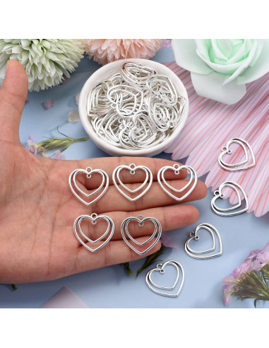 50 Piezas Colgantes Doble Corazón YionZian 25mm Plata Antigua