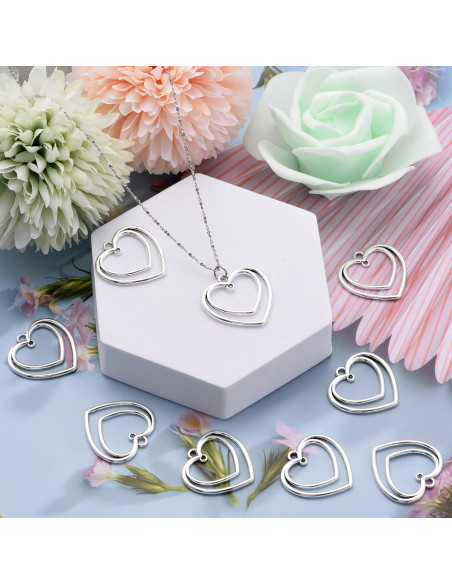 50 Piezas Colgantes Doble Corazón YionZian 25mm Plata Antigua