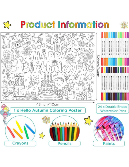 Póster para Colorear Cumpleaños Faccito 110x80 cm + 24 Marcadores