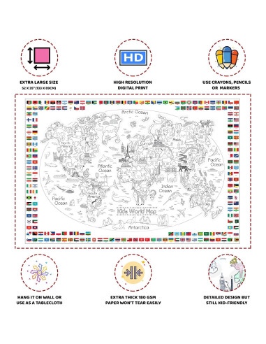 Póster para Colorear Mapa Mundial Dekali Designs 89x132 cm