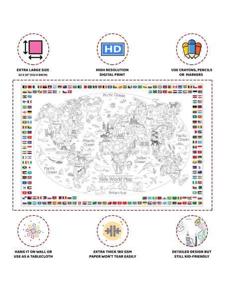 Póster para Colorear Mapa Mundial Dekali Designs 89x132 cm