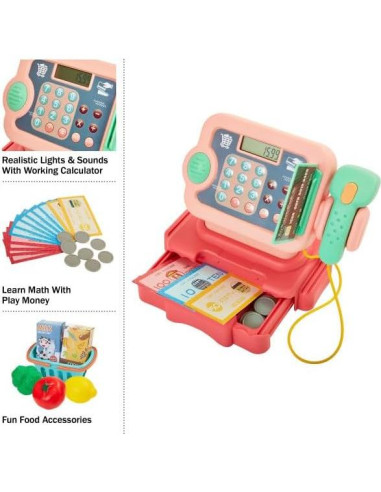 Caja Registradora de Juguete Hey Play Rosa con Sonidos y Accesorios