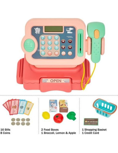 Caja Registradora de Juguete Hey Play Rosa con Sonidos y Accesorios