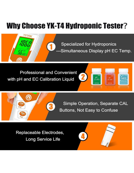 Medidor de pH 4 en 1 YINMIK con Calibración para Hidroponía