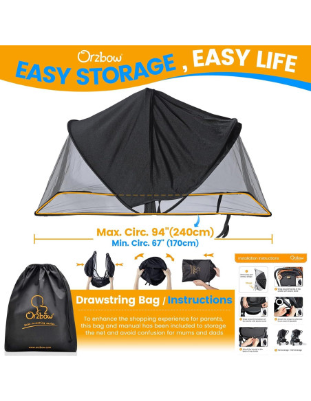 Red de Mosquito Orzbow 2 en 1 con Sombra Solar UPF50+ - Negro