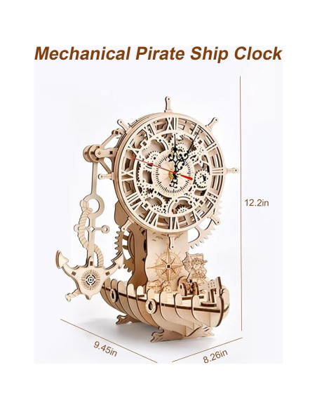 Rompecabezas 3D de Madera Hallisun Barco Pirata Reloj 24x21x31cm