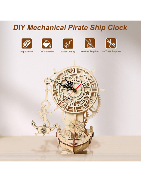 Rompecabezas 3D de Madera Hallisun Barco Pirata Reloj 24x21x31cm