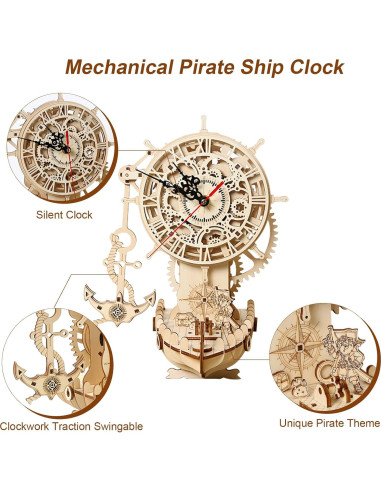 Rompecabezas 3D de Madera Hallisun Barco Pirata Reloj 24x21x31cm