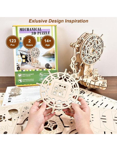 Rompecabezas 3D de Madera Hallisun Barco Pirata Reloj 24x21x31cm