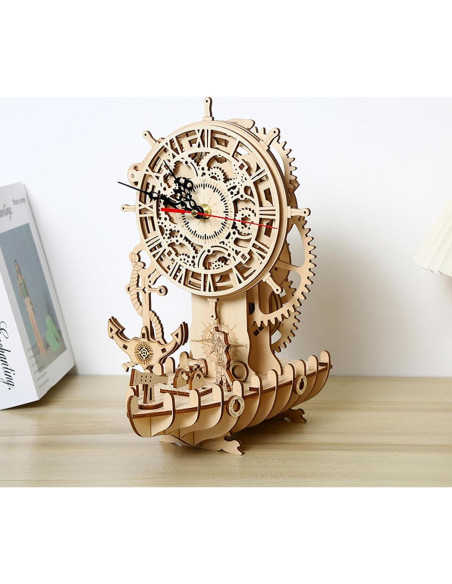 Rompecabezas 3D de Madera Hallisun Barco Pirata Reloj 24x21x31cm