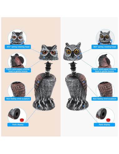 Hedoc 2 Decoys de Búho Falso con Cabeza Rotativa para Jardín
