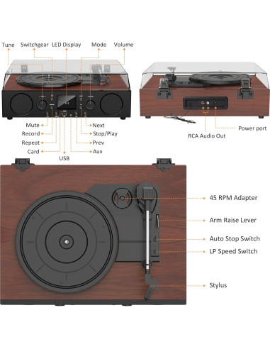 Tocadiscos Vintage JUNGLE MONSTER TE-103BN 3 Velocidades Bluetooth