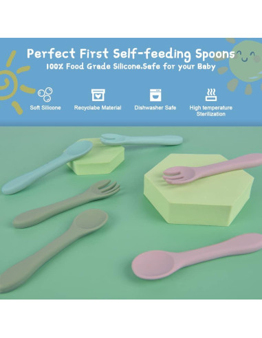 Juego de Cuchara y Tenedor de Silicona Vicloon para Bebés 6 Piezas