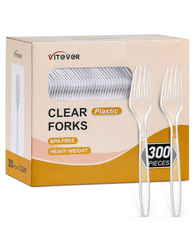 Tenedores de Plástico Pesado VITEVER Transparentes 300 Unidades