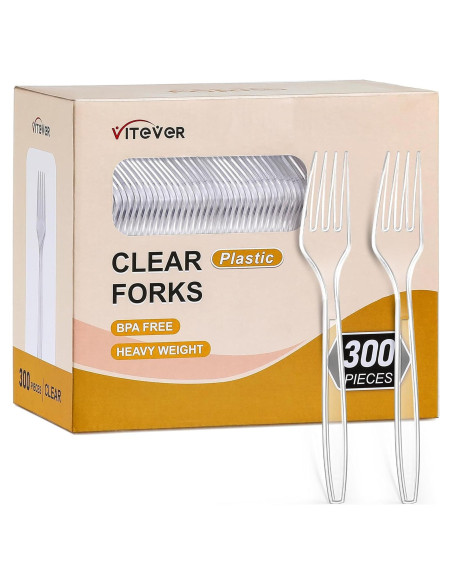 Tenedores de Plástico Pesado VITEVER Transparentes 300 Unidades
