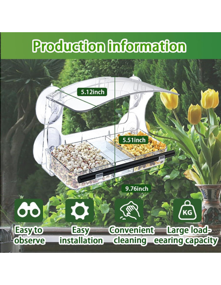 Comedero para Aves de Ventana RRQKMBO Acrílico Transparente 0.47L
