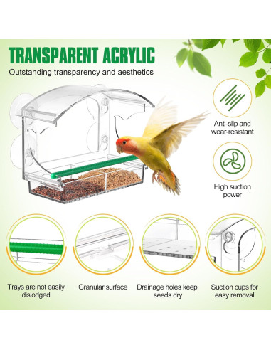 Comedero para Aves de Ventana OCR Transparente con Ventosas
