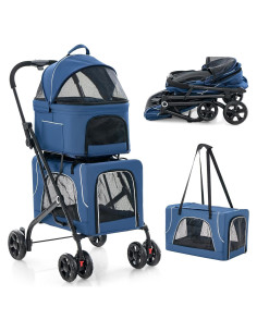 Carrito Doble para Mascotas PETSITE Azul 3-en-1 Plegable