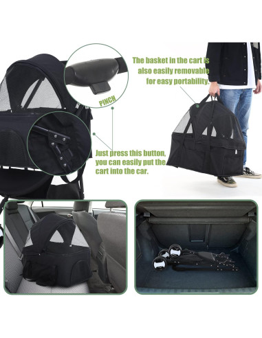 Carrito Plegable para Mascotas NChanmar Negro 15 kg 3 Ruedas