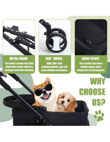 Carrito Plegable para Mascotas NChanmar Negro 15 kg 3 Ruedas