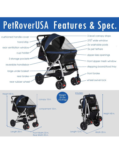 Carro de Paseo para Mascotas HPZ Premium 76x56cm Azul Medianoche