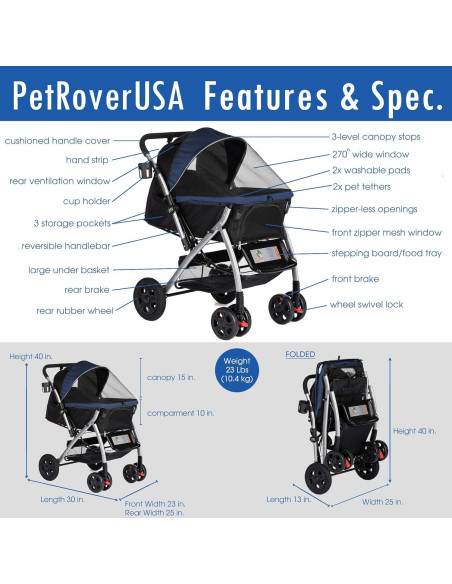 Carro de Paseo para Mascotas HPZ Premium 76x56cm Azul Medianoche