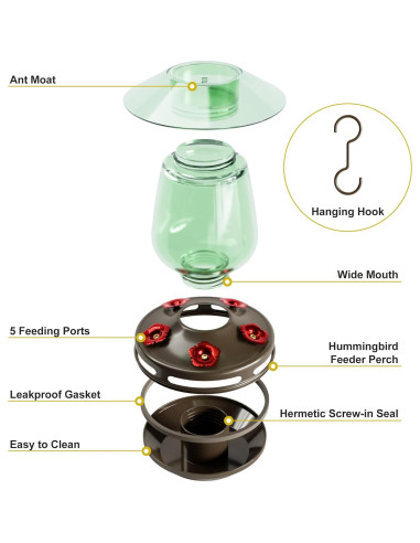 Alimentador de Colibríes Auslar de Vidrio 0.47L Verde Colgante