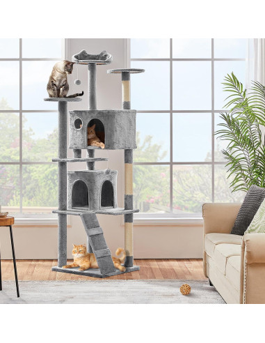 Árbol para Gatos Yaheetech 203.2cm Gris Claro con Cuevas