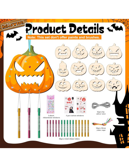 Kit de Manualidades Halloween TREACLUB - 12 Campanas de Viento de Madera