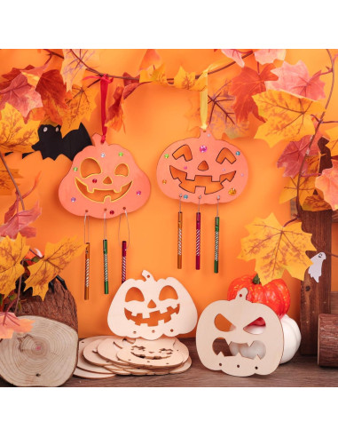 Kit de Manualidades Halloween TREACLUB - 12 Campanas de Viento de Madera