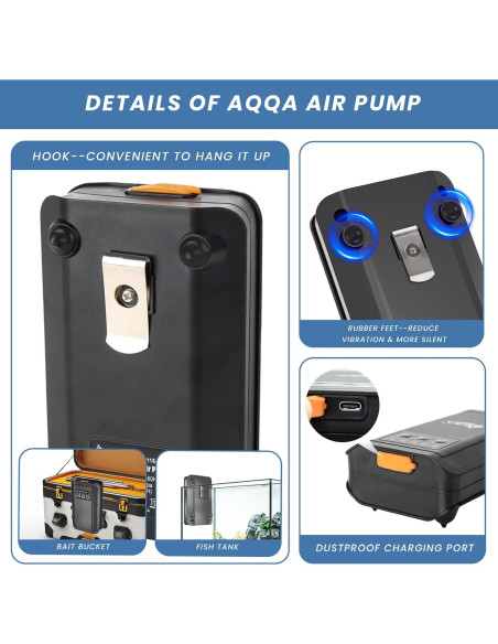 Bomba de Aire AQQA 1.5W para Acuario hasta 302.8L Recargable