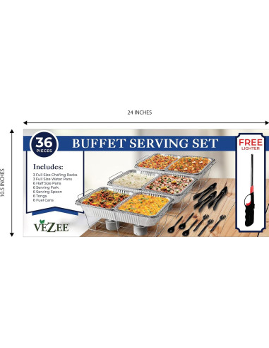 Juego Buffet Chafing Dish 36 Piezas VeZee - Aluminio y Utensilios