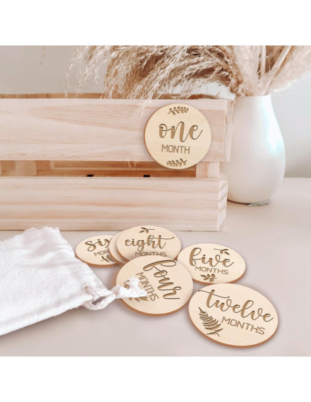 Marcadores de Hitos Mensuales para Bebés de Madera Natural - Set de 6