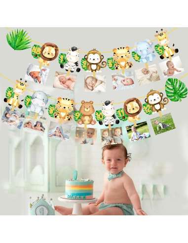 Banderín de Fotos Primer Cumpleaños Safari iPartyFun - 15 Tarjetas