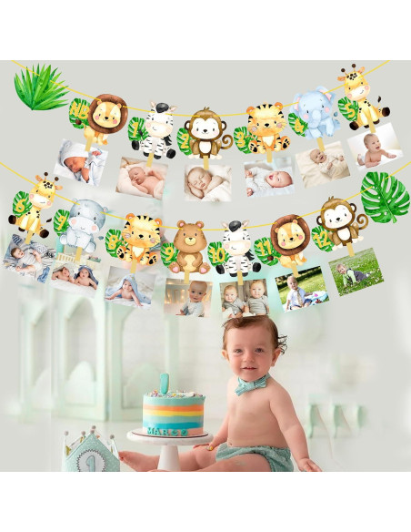 Banderín de Fotos Primer Cumpleaños Safari iPartyFun - 15 Tarjetas