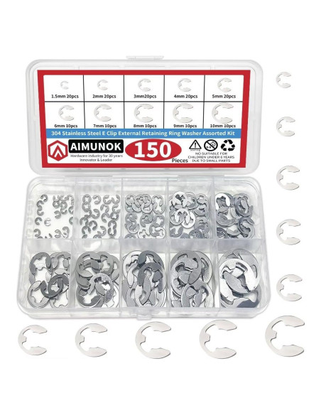 150 Piezas Anillos de Retención E-Clip Acero Inoxidable 304