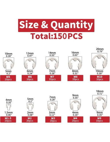 150 Piezas Anillos de Retención E-Clip Acero Inoxidable 304