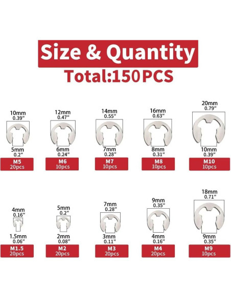 150 Piezas Anillos de Retención E-Clip Acero Inoxidable 304