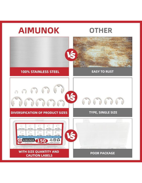 150 Piezas Anillos de Retención E-Clip Acero Inoxidable 304