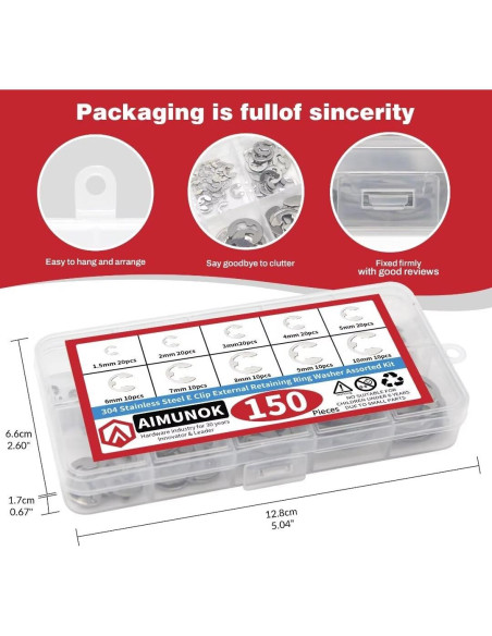 150 Piezas Anillos de Retención E-Clip Acero Inoxidable 304