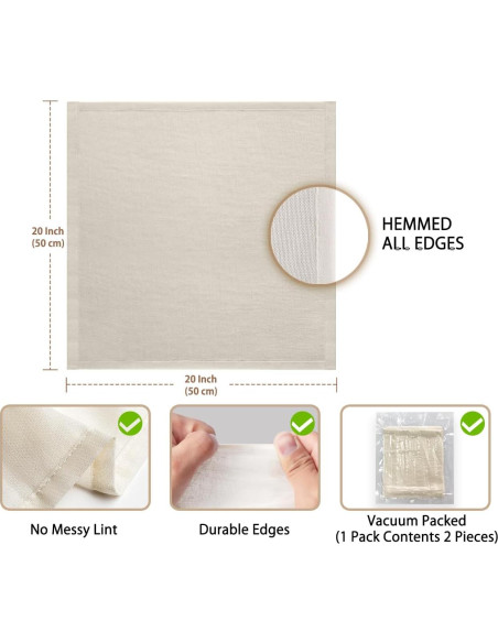 Paños de Queso Olicity 20x20 cm, 100% Algodón Orgánico - 2 Piezas