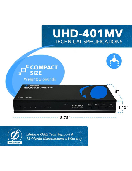 Conmutador HDMI 4 en 1 OREI UHD-401MV 4K @ 60Hz