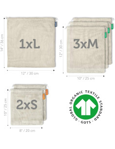 6 Bolsas Reutilizables de Algodón Orgánico Cottify - 3 Tamaños 2